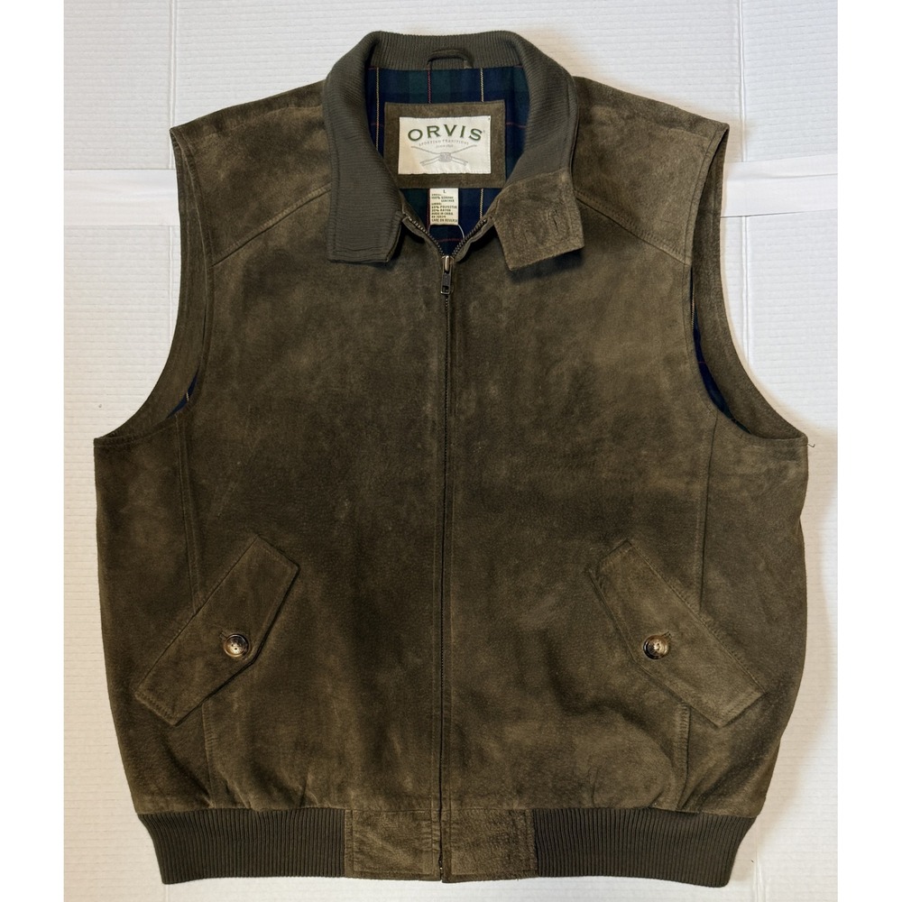 ORVIS - Men's Genuine Leather Suede Vest - Full Zip Plaid Flannel Lined - Large